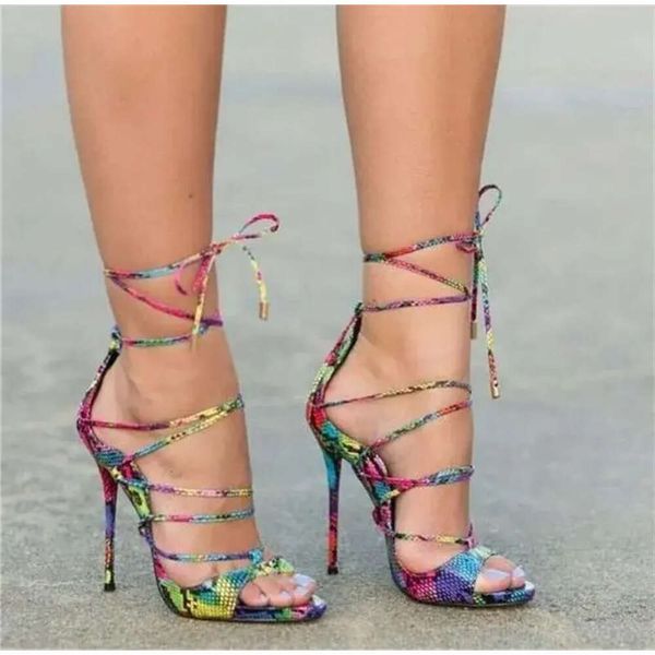 Fashion Women New Colored Snakeskin Cross Strappy Fino Tacs Sexy Lace-Up Mezza Colors Gladiator Sand Efe