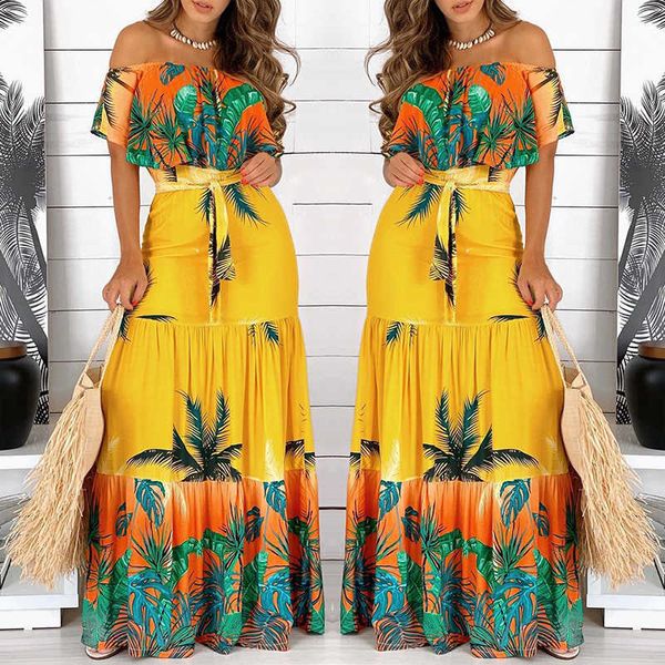 Mode femmes hors épaule Maxi robe fête porter vacances vacances imprimé tropical longue robe 210716