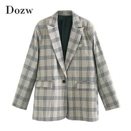 Fashion Women Office Plaid Suit Blazer Long Sleeve Notched Collar Loose Jacket Ladies Single Breasted Casual Outwear Coat 210414