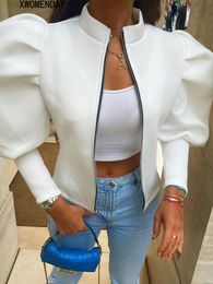 Fashion Women Otenze Puff Sleeve Jacket Casual White Zipper bijgesneden printjassen Autumn Winter High Street Coat Ladies 220815