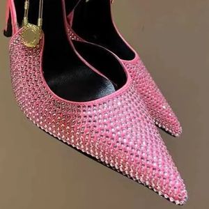 Mode Vrouwen Lakleer Hoge Hakken Schoenen Sexy Puntschoen Metalen Gesp Stiletto Sandalen Dame Roze Strass Ondiepe Pumps