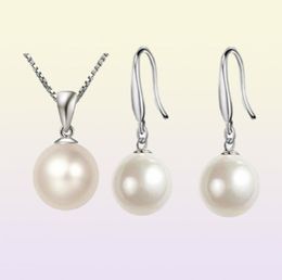 Fashion Women Pearl Jewelry Set 925 Silver Box Chain Fit 10mm 12 mm Gladde Pearl Ball Bead Pendant ketting oorbellen sieraden set 105896001