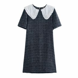 Mode Vrouwen Peter Pan Collar Contrast Kleur Splicing Mini Jurk Vrouwelijke Korte Mouw Kleding Casual Dame Losse Vestido D7352 210430