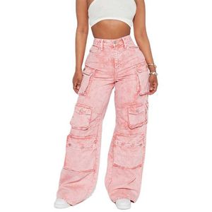 Mode Dames Roze Loose Fit Cargobroek met hoge taille OEM Custom Multi Pocket Denim Jeans