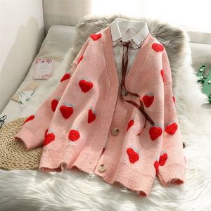 Fashion Women Pink Strawberry Lovely Cardigan Sweater Vrouw ins Wind los Lazy Web Celebrity Breien Sweet Wind Coat 201128