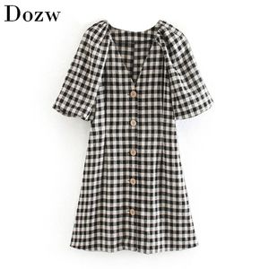 Mode Vrouwen Plaid Katoen Mini Jurk Lantaarn Korte Mouw Knoppen Casual Es Zomer V Neck Holiday Sundress 210515