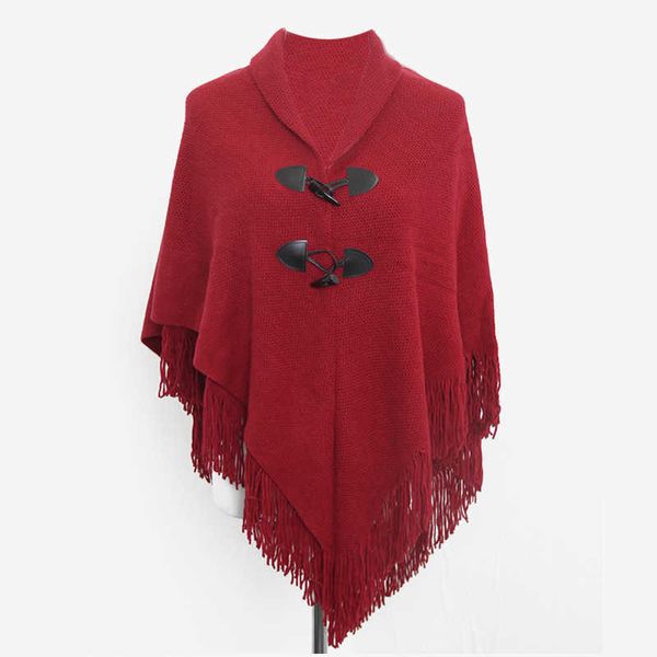 Moda mujer Poncho borla mujer Pashmina cuerno botones chales bufanda mujer Ponchos sueltos abrigo lana capa mujer chales Q0828