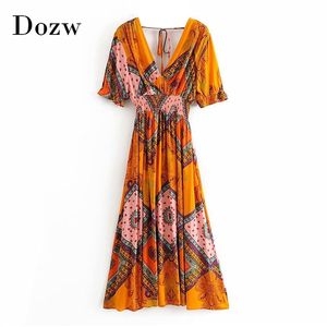 Mode Dames Gedrukt Lange Jurk V-hals Elastische Taille Zomer Boho Es Ruche Korte Mouw Vintage Geplooide Midi 210515