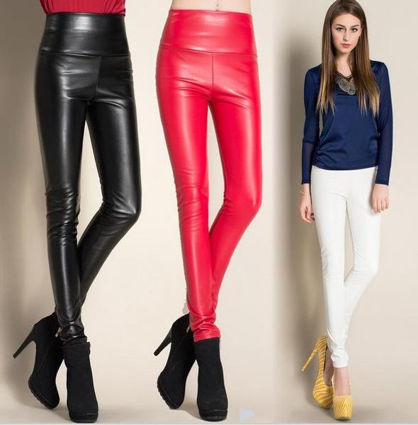 Mode Femmes PU Faux Cuir Mince Pantalon Taille Haute Leggings Pantalon Polaire Stretch Maigre Crayon Capris bonbons couleurs cadeau de noël