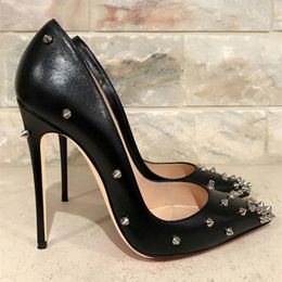 Sexy dame modeontwerper damesschoenen Zwart lederen spikes punt teen hoge hakken dunne hakken stiletto stripper Prom Avondpompen groot formaat 12cm 44 op maat