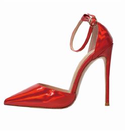 Mode libre femmes pompes en cuir pompes femmes pointu rouge talons 12cm bride à la cheville femme brevet sexy talons hauts chaussures de mariage