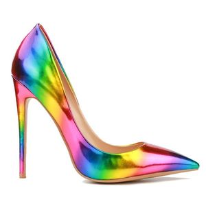 Gratis verzending Mode Vrouwen Pumps Rainbow Patent Lederen Puntige Teen Hoge Hakken Sandalen Schoenen Laarzen Hoge Hakken Voor Dames Stiletto Hakken 12cm