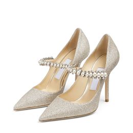 Fashion Women Pumps Sandals London Baily 100 mm Italië Pointed Pearl Crystal Enkle Sling Clastic Glitter Strass Stylist Wedding Party Sandaal Hoge Heels Box EU 35-42