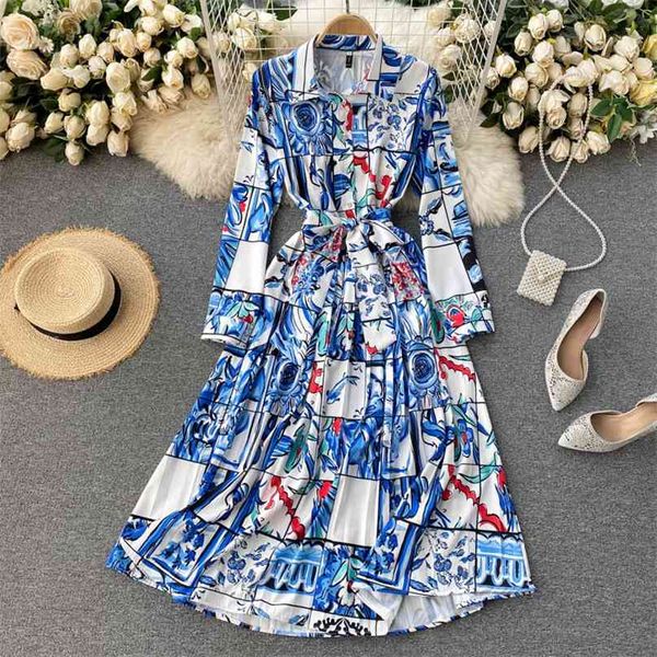 Mode femmes rétro bleu et blanc porcelaine impression revers à manches longues taille haute robe trapèze élégant Vestidos R291 210527
