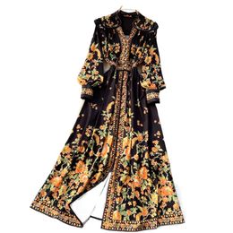 Fashion Women Royal Style lange mouw jurk met één borsten v-hals lantaarn print bloemen hoge taille maxi desinger Long Vestidos