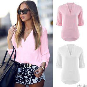 Blusa holgada de manga larga con cuello en V básica para mujer a la moda, camisa informal, Tops de verano, jersey