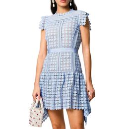 Mode Damesjurk Zomer Kant Hollow Taille Korte Verse Sky Blue Little Fairy Elegante Vrouwen 210520