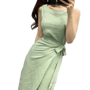 Mode vrouwen jurk met vierkante halslijn blootgestelde sleutelbeen katoen en linnen kant afslanken verkoop 210520