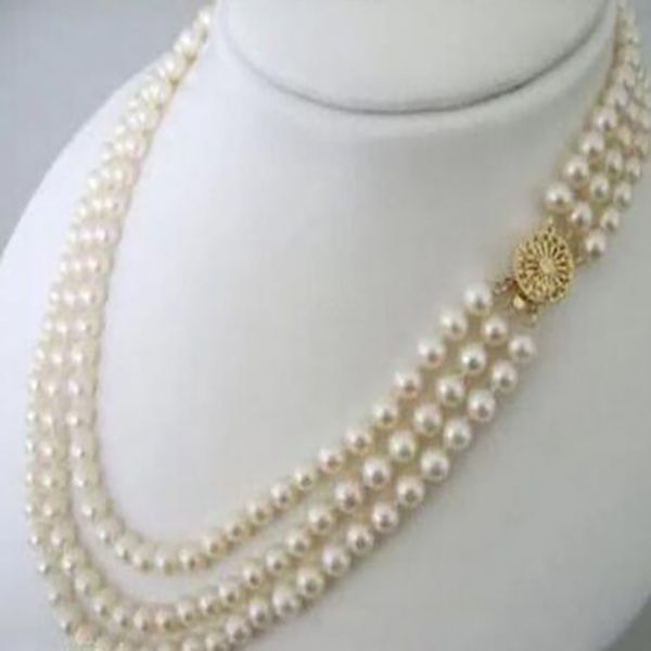 Bijoux pour femmes de mode 3 rangées 7 à 8 mm Collier de cou de perle blanc