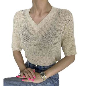 Fashion Women's Knit Suéter Summer Soft Sof S-cuello de manga corta T-shirt Simple y versátil Casual Y2K Top 210520