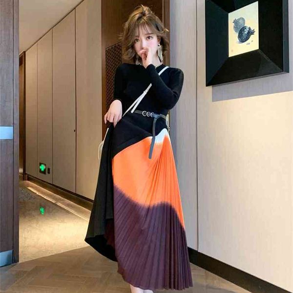 Chemise de robe tricotée pour femmes de mode unique dégradé de couleur couture tempérament plissé avec une jupe 210520
