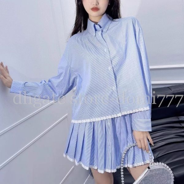 Blusa de rayas azules de manga larga para mujer de moda + Conjunto de falda corta con borde de encaje blanco Camisa decorativa de retazos Vestidos de media falda