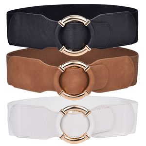 Mode dames Needless Belt Gold Ring Buckle elastische taille jurk brede riem