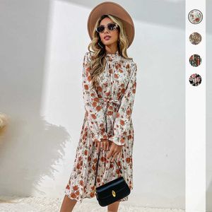 Moda mujer estampado manga larga medio cuello alto vestido encaje peplum midi vestidos