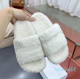 Sandales de luxe en laine pour femmes, pantoufles de styliste chaudes à talons plats, en fourrure d'hiver, une pièce, grandes pantoufles pour hommes avec boîte