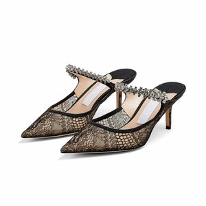 Les sandales pour femmes de mode pompes London Bing 65 mm Mules en tulle brillant Italie Classic Toes pointues Slingback Crystal Sangle Designer Sandal High Heels Eu 35-43