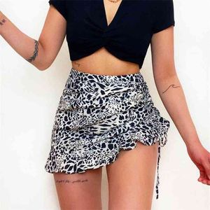 Falda con estampado de leopardo sexy para mujer de moda para mujer Falda corta con volantes y cordón de cintura alta de verano para mujer minifaldas para mujer 210508