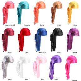 Moda mujer seda Durag Bandana turbante pelucas hombres satén pirata sombrero Color sólido Headwear diadema coleta Hip Hop Cap Beanie