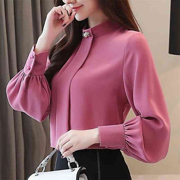 Mode femmes solide chemises bureau dame vêtements de travail printemps col montant perle décor à manches longues en mousseline de soie Blouse femme élégant 210522