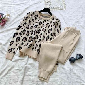 Mode vrouwen pak herfst en winter luipaard print trui lange mouwen casual trui + broek tweedelig 210520