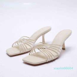 Moda - sapatos femininos de verão, sandálias de salto alto, cor da pele, cabeça quadrada, temperamento