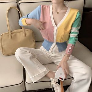 Mode femmes mince glace soie crème solaire chemise Macaron guimauve classique couleur assortie col en v tricoté Cardigan à la mode mince manteau