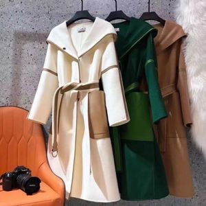 Mode dames wollen jas ontwerper bovenkleding blends spliceren dubbelzijdige tweed capuchon lagen winter warm en slanke lange lagen met riem