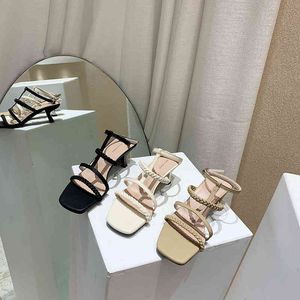 Mode femmes sandales bout ouvert bande étroite sandales diapositives bride à la cheville Beige/blanc/noir chaussures habillées d'été épais talons hauts 210513