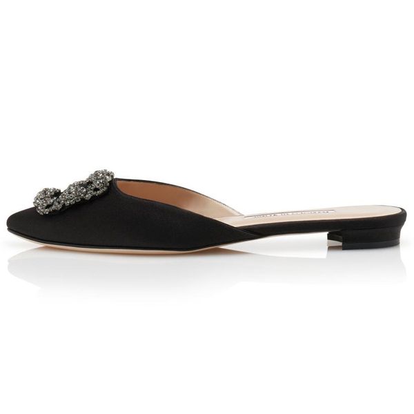 Moda Mujer Sandalias Bombas HANGISIMUFLAT Negro Azul Verde Satén Joya Hebilla Mulas planas Italia Popular Dedos en punta Slingback Diseñador Sandalia Tacones altos Caja UE 35-43