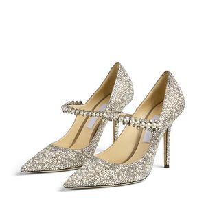 Mode Femmes Sandales Escarpins Londres BAILY 100 mm Italie Bout Pointu Perle Cristal Cheville Sling Clastic Glitter Strass Styliste Robe De Soirée Sandale Talons Hauts Boîte EU 35-42