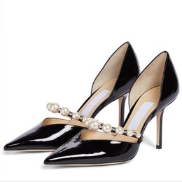 Fashion Women Sandals Pumps Luxury Aurelie 85 mm Italie Populaire Toed Point Perle STRAP NOIRM CUIR BOURCE Robe de soirée Sandale High Heels Box EU 35-43