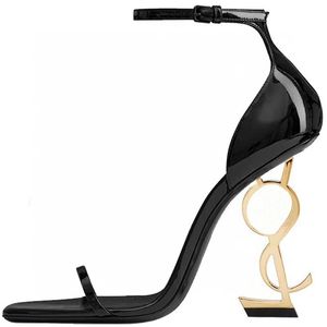 Mode luxe femmes sandales pompes Senior Glod métal lettres élégant Italie passerelle en cuir verni bride à la cheville bouton conception robe de soirée sandale talons hauts EU 35-43
