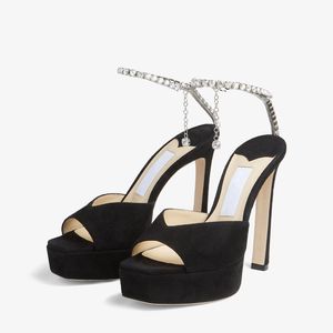 Fashion Women Sandals pompes saeda sandale PF 125 mm en daim noir talons hauts Italie Crystal Chaîne Décoration Peep Toe Plateforme Designer Banquet Party Sandale UE 35-43