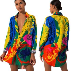 Moda mujer camisa vestido de manga larga Vestidos vestidos de diseñador colorido pintado de una pieza ropa al por mayor más el tamaño S-5XL