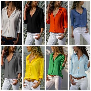Fashion Women Shirt New Party Wear T Shirt Long Sleeve V Neck Tops Pure Color Single Breasted Blouse Chiffon Shirts Designer Clothing