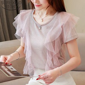 Mode vrouwen shirts Tops voor Harajuku shirt Koreaanse kleding O-hals ruches Effen dames roze 3435 50 210510