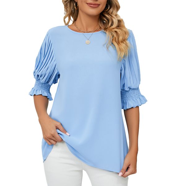 Moda mujer camisas Tops cuello redondo blusas Peplum princesa manga suelta gasa Top