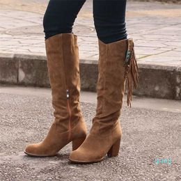 Mode femmes chaussures genou-haut Western débarrassant bottes marron dame talon compensé glands Cowboy longue automne femme