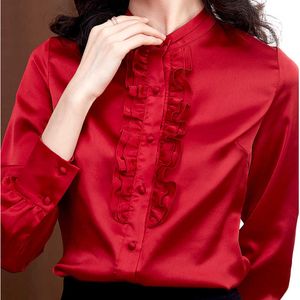 Mode vrouwen zijde blouses elegante satijnen shirt plus size office lady ruche s tops en 210531