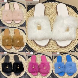 Mode vrouwen schuif sandalen plat winter wol designer slippers huis haargloeplanten metaal trim buckle lederen loafer slipper